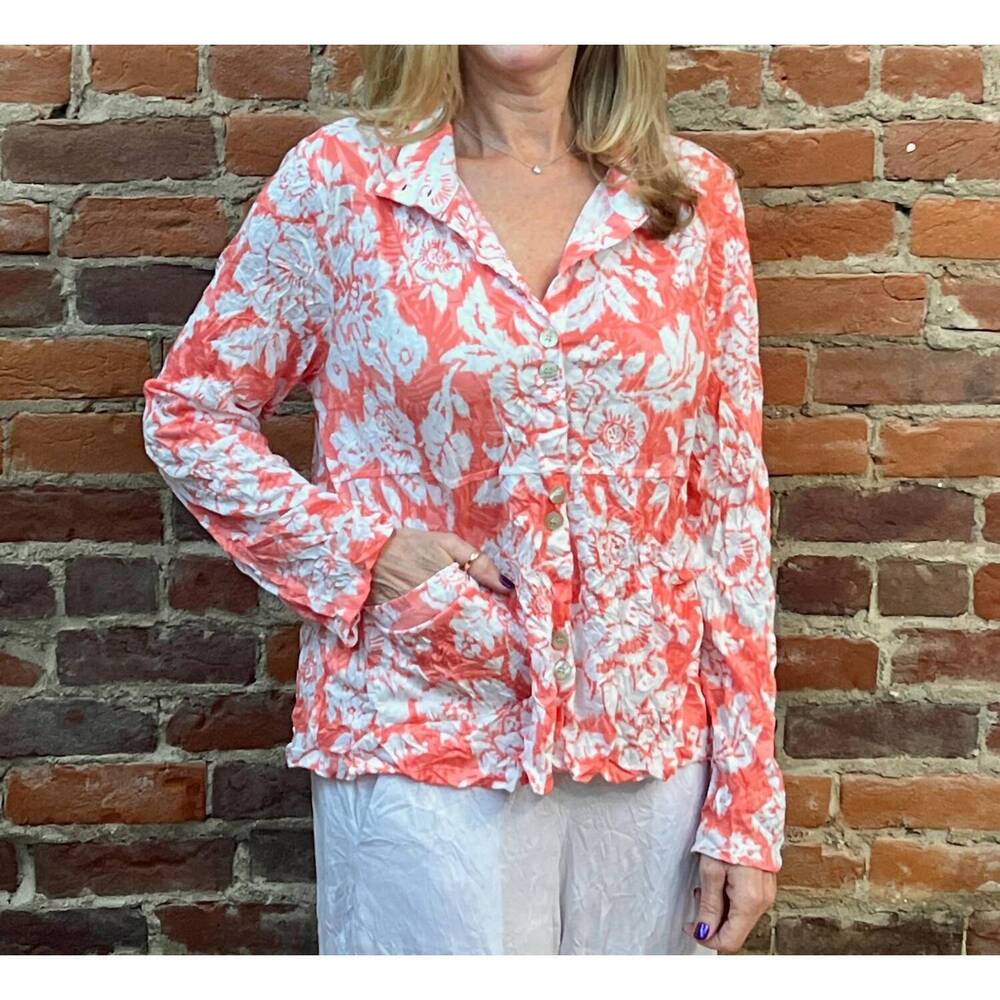 NEW SHANA APPAREL crinkle button down shirt in coral